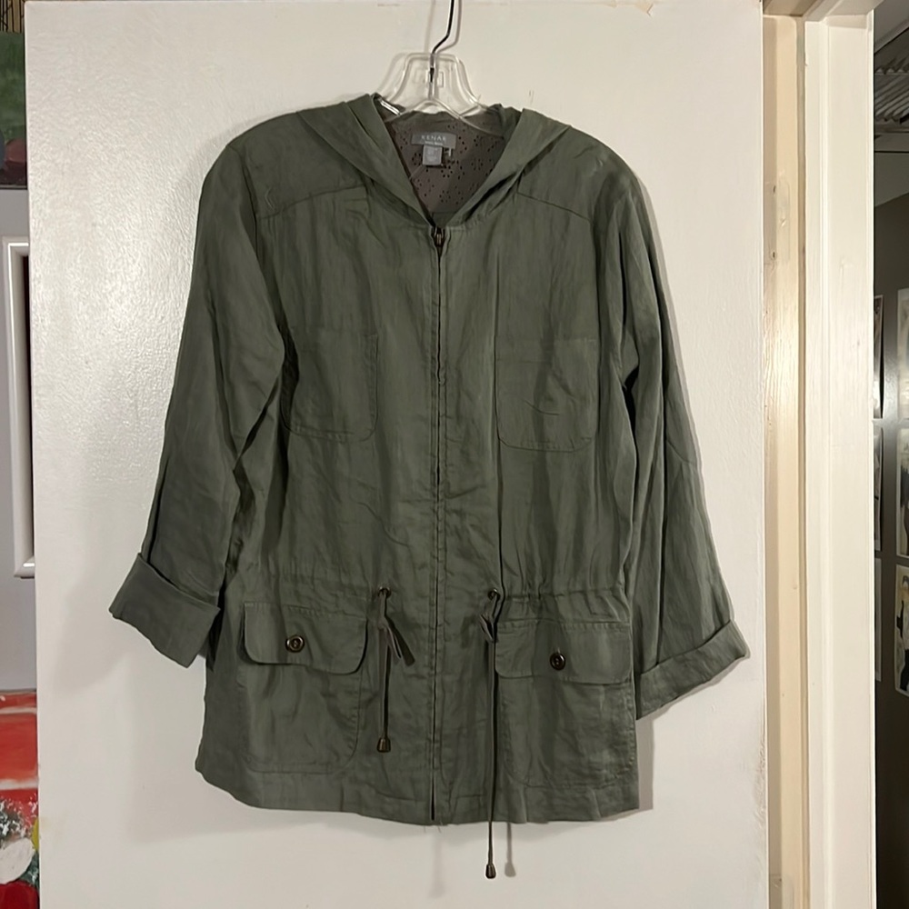 Kenar sage green 100% linen hooded utility jacket.